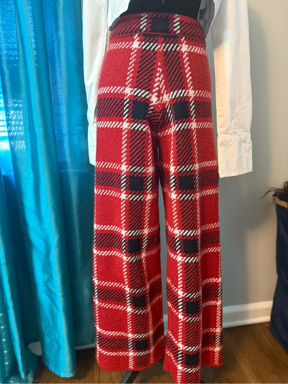 Zara Red Black and White Plaid Wide-Leg Knit Trousers